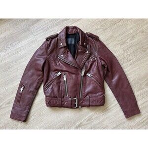 ALLSAINTS Women’s Burgandy Lined Leather Jacket Gidley Biker Moto US Size 2 WARM